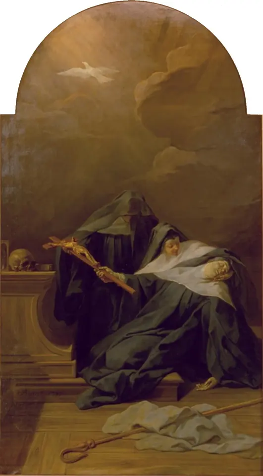 Tall Baroque painting of a nun sinking back in death in the arms of her sisters, with a crozier on the floor and a white dove flying up into the light above