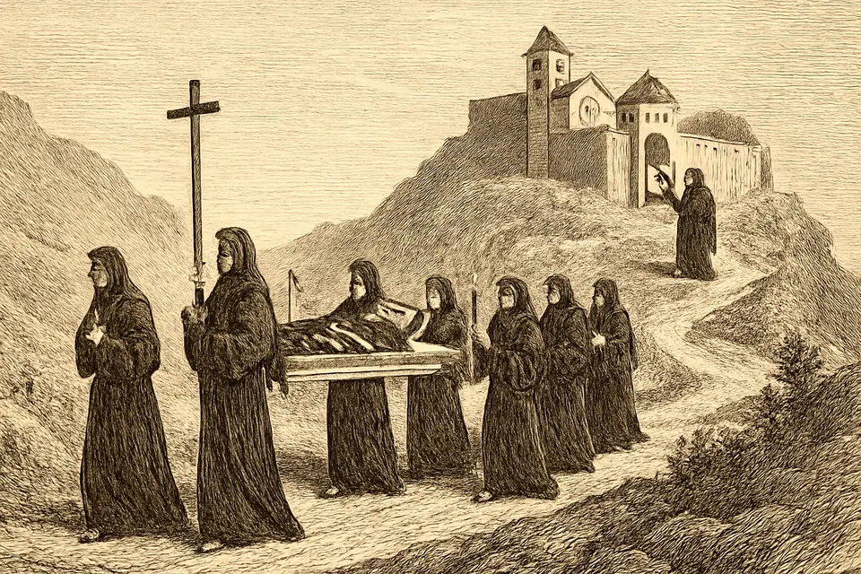 Illustration of monks carrying the body of Scholastica up the mountain to Monte Cassino to be buried in her brother's tomb