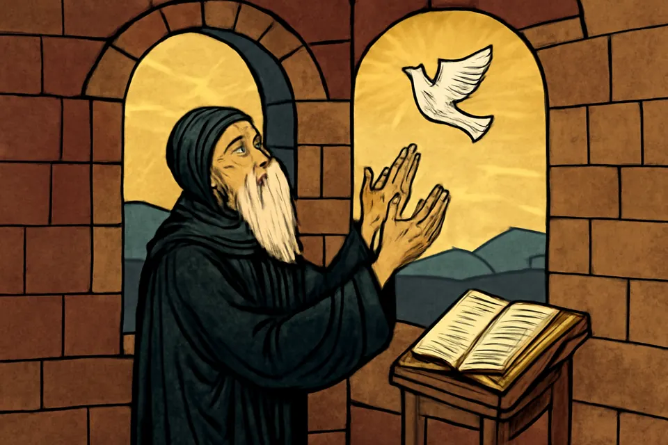 Illustration of St. Benedict at the window of his cell looking up as a white dove rises into the sky