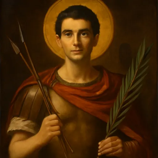 Oil-painting-style portrait of St. Sebastian as a young Roman officer in a red military cloak, holding two arrows and a palm branch