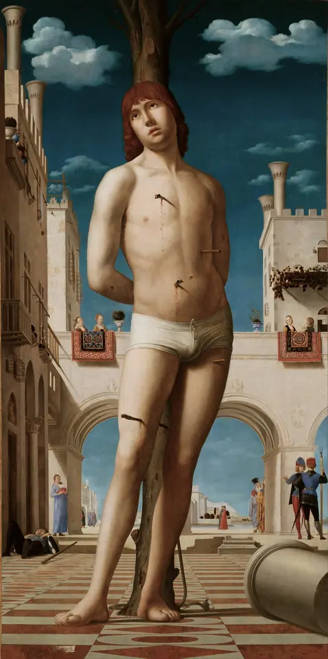 Painting of a young St. Sebastian bound to a tree in a sunlit Italian square, looking up calmly, with a few arrows in his body and townspeople in the distance