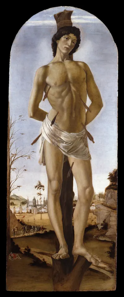 Tall narrow painting of a slender young St. Sebastian bound to a tree, standing quietly with a few arrows, above a wide landscape