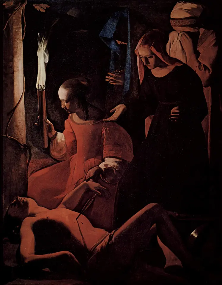 Candlelit night scene of Irene in a red dress bending over the wounded Sebastian lying on the ground, as other women in dark robes stand weeping behind her