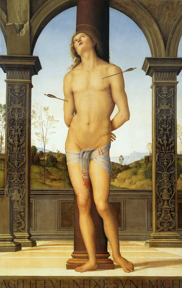Painting of St. Sebastian standing calmly against a column between carved pilasters, looking up to heaven, with two arrows and a Latin inscription at his feet