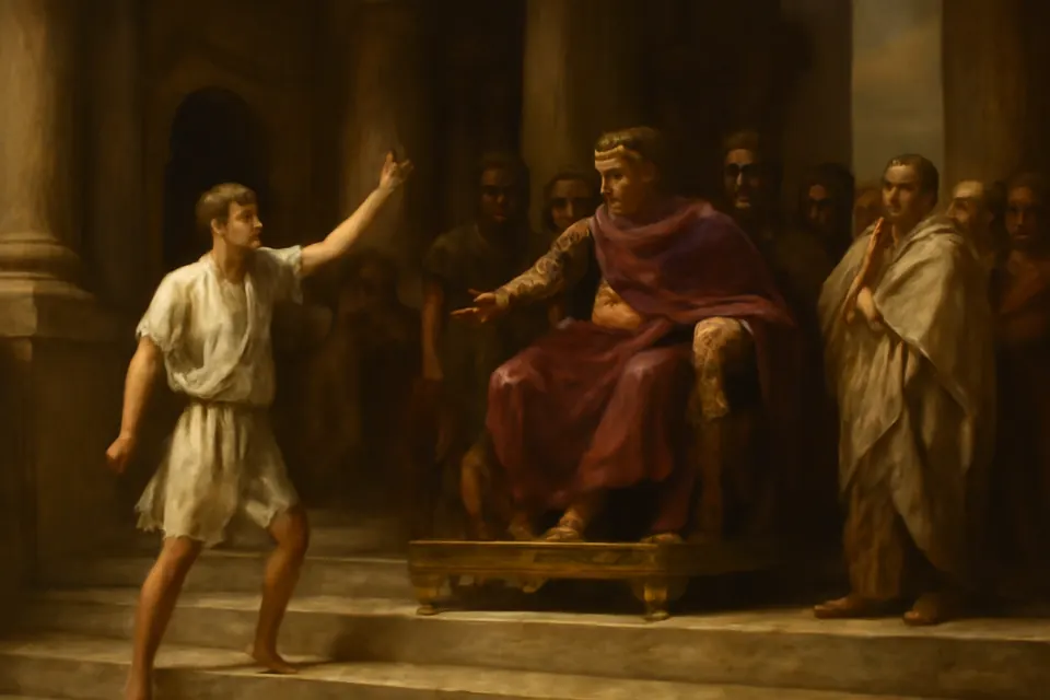Illustration of St. Sebastian, recovered from his wounds, standing on the palace steps to confront Emperor Diocletian