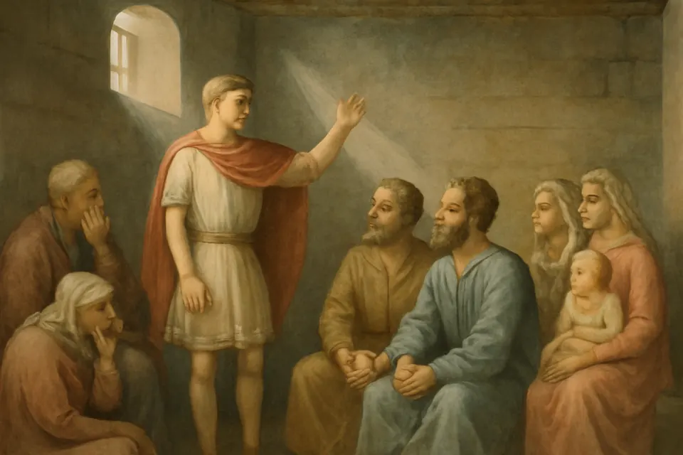 Illustration of St. Sebastian in a Roman officer's cloak encouraging two chained brothers in prison while their weeping family pleads with them