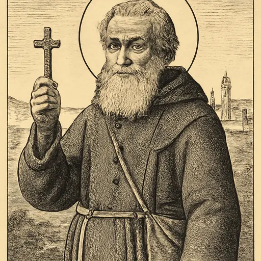 Engraving-style portrait of St. Seraphin of Montegranaro, an elderly bearded Capuchin brother with a rosary, holding up a small brass crucifix
