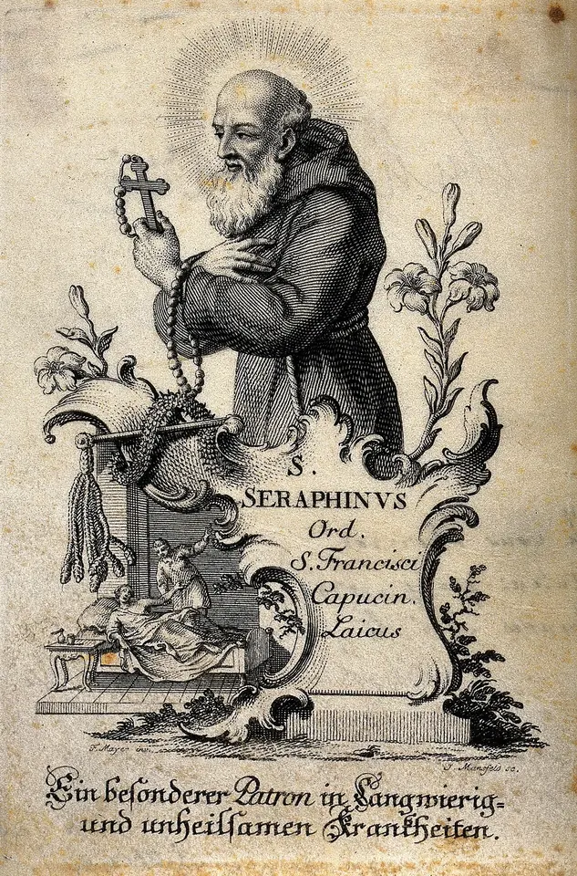 Etching of an elderly bearded Capuchin friar with a halo kneeling with a rosary and a small crucifix above an ornate scroll inscribed with his name and a German line calling him a patron in long illnesses
