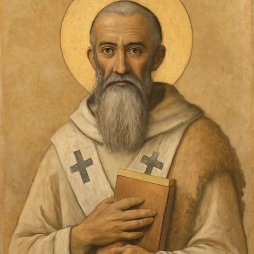 Fresco-style portrait of St. Serapion of Thmuis as a gray-bearded Egyptian bishop in a pale robe and omophorion, holding a book, with a sheepskin over his shoulder