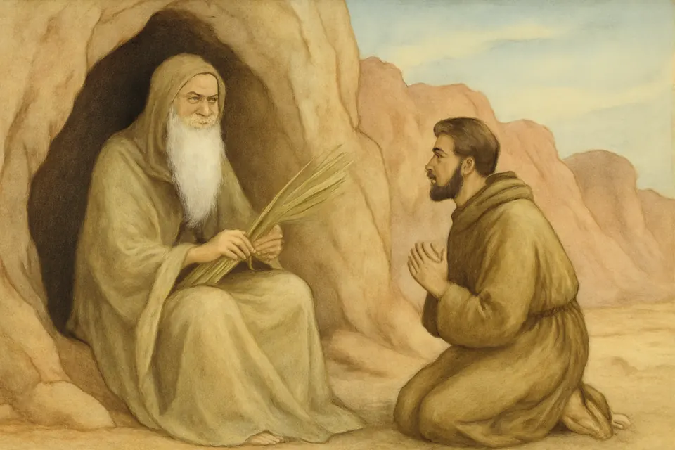 Watercolor-style scene of an aged hermit sitting in a mountain cave, lost in a vision, while a younger monk watches him