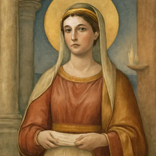 Fresco-style portrait of St. Serena of Rome, a Roman empress in a pale veil and a simple gold diadem, holding a folded linen cloth