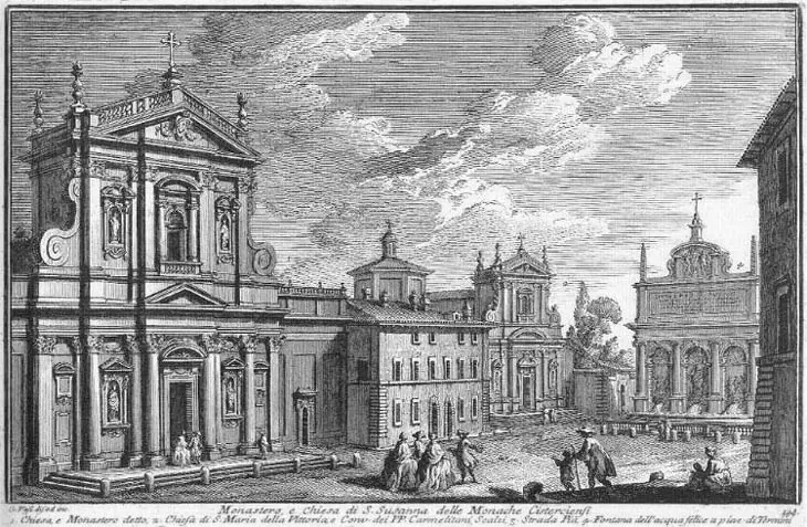 18th-century etching of a Roman square with the church of Santa Susanna on the left, a monastery wall, the church of Santa Maria della Vittoria and a fountain, with figures and carriages