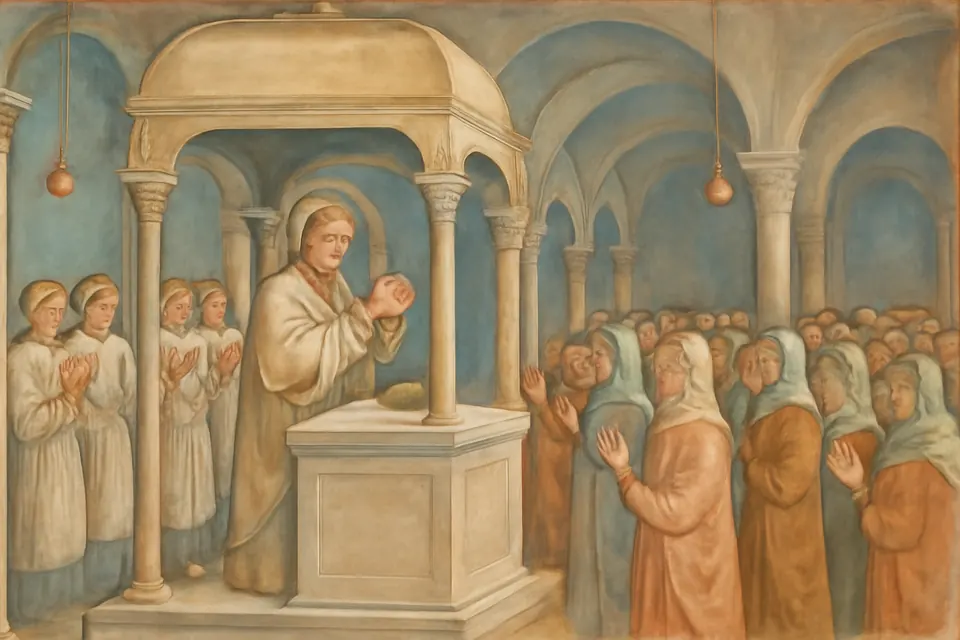 Fresco-style scene of an early medieval pope breaking the consecrated bread at an altar while clergy and people sing