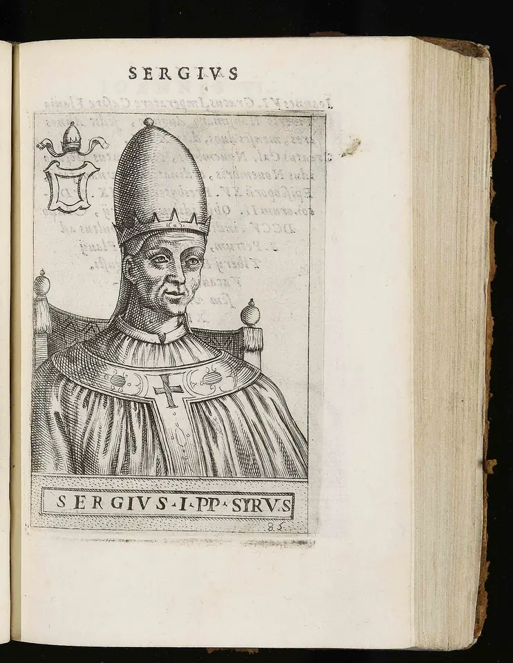 Open book with a Renaissance engraved portrait of a pope in a tiara and pallium, captioned Sergius I PP Syrus