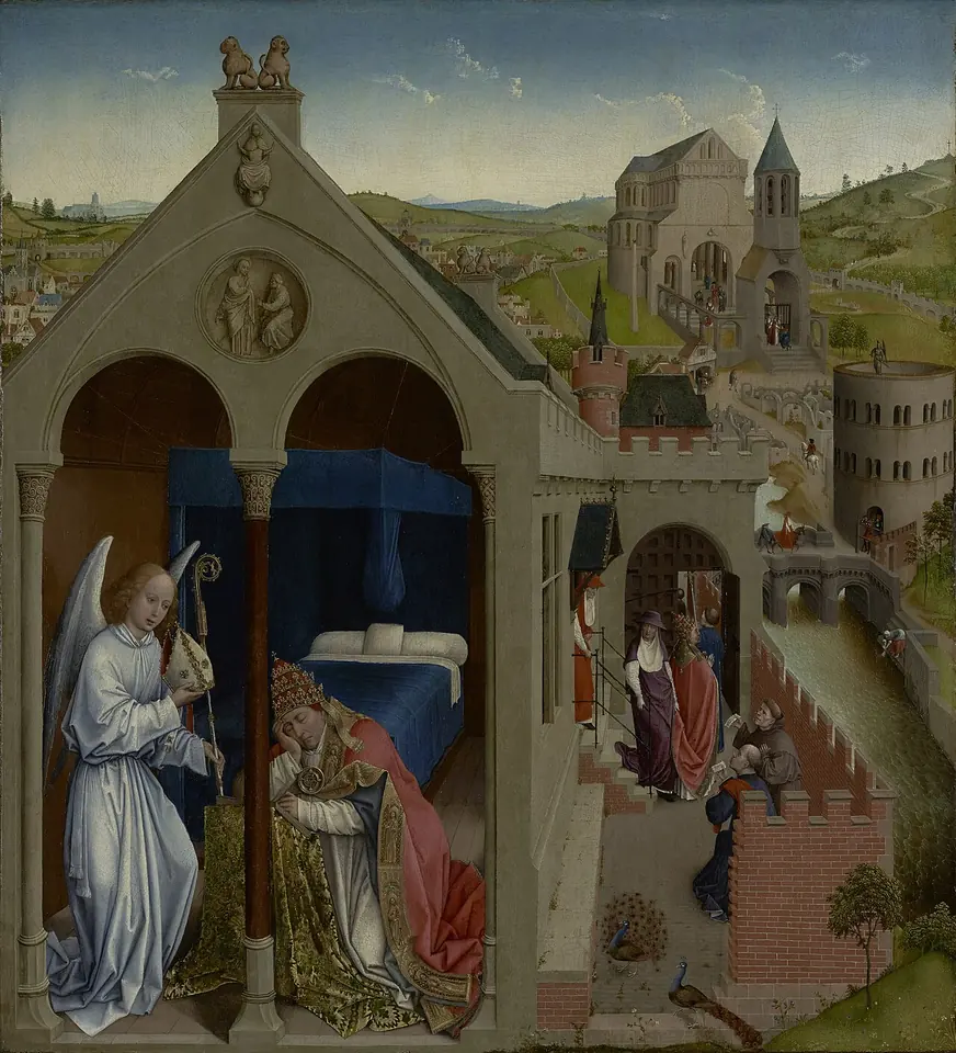 Flemish panel painting of a pope asleep in a canopied bed while an angel speaks to him, with a city and a church in the background
