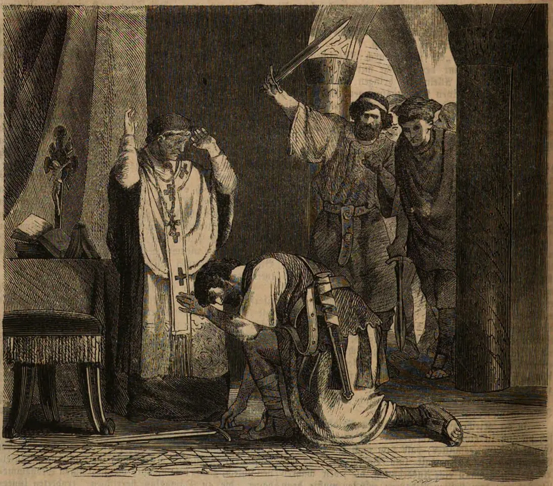 19th-century engraving of a pope raising his hand to stop armed soldiers while a frightened officer crouches at his feet