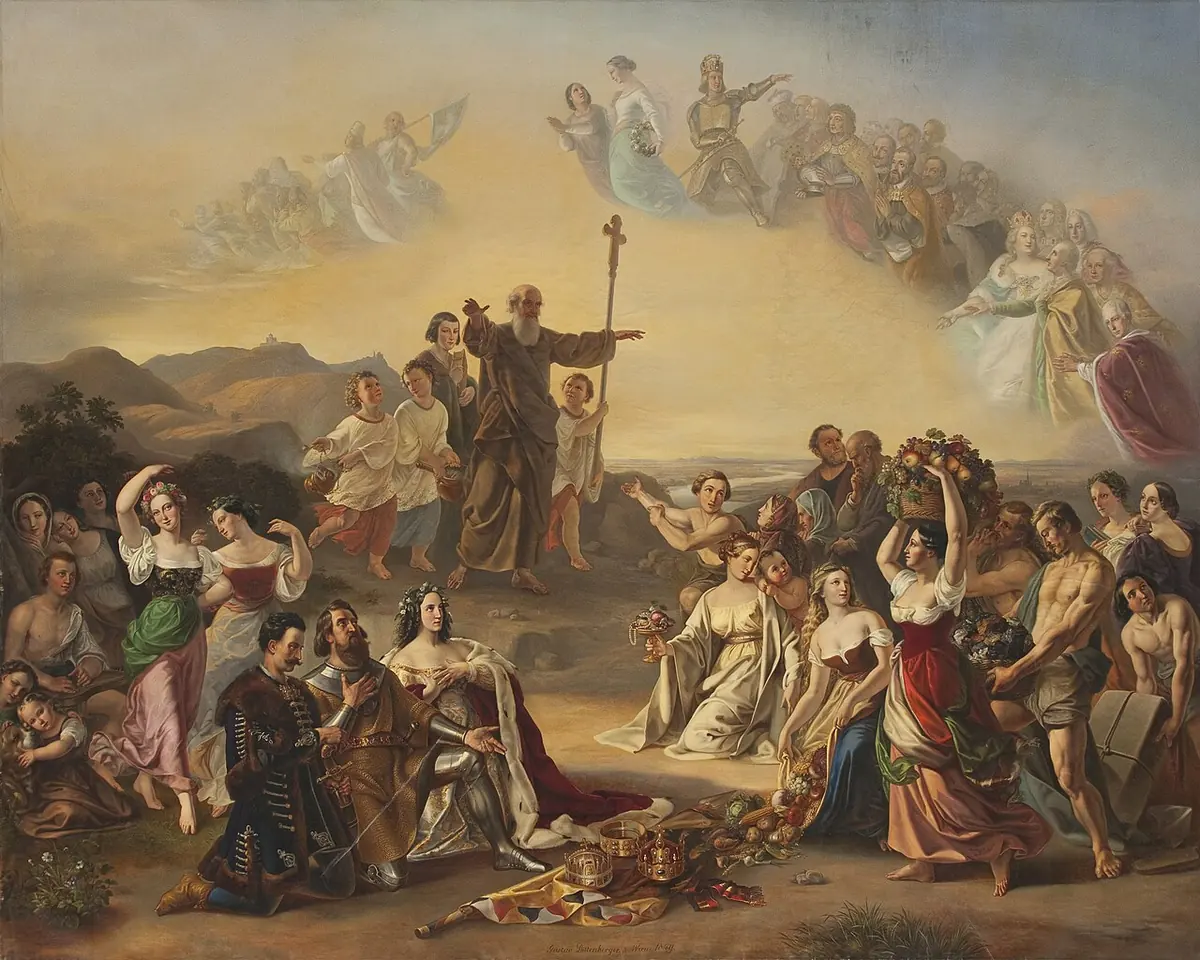 Nineteenth-century oil painting of a bearded monk on a hilltop raising a cross over a crowd of people in colorful dress bringing harvest gifts, with angels in the bright sky above