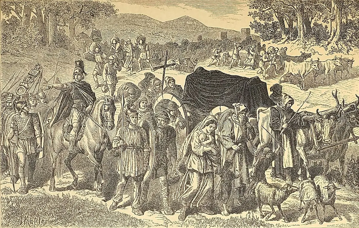 Engraving of a long procession of people, carts and livestock leaving a valley, with a cross carried ahead and a covered bier at the center