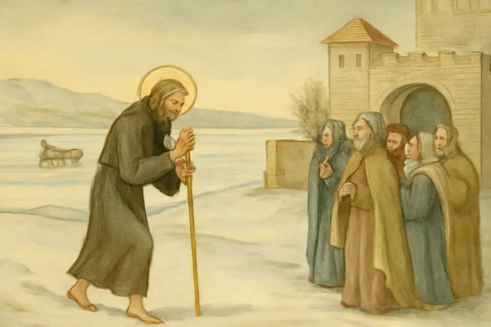 Watercolor-style scene of a barefoot monk walking in the snow beside the frozen Danube while townspeople in cloaks watch from a Roman gate