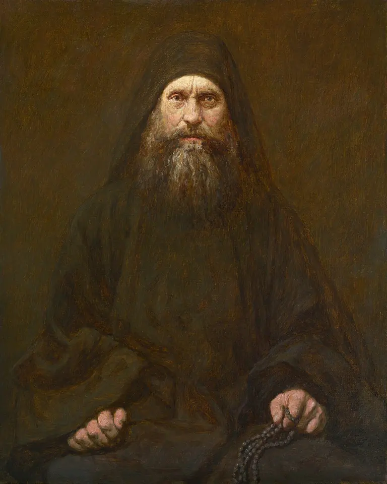 Oil portrait of St. Silouan as an aged monk in a dark hood, his weathered face lit from one side and a prayer rope in his folded hands