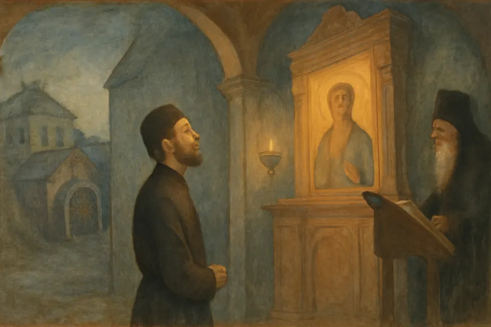 Illustration of a young monk at Vespers in a small chapel by a mill on Mount Athos, looking up in awe at an icon of Christ