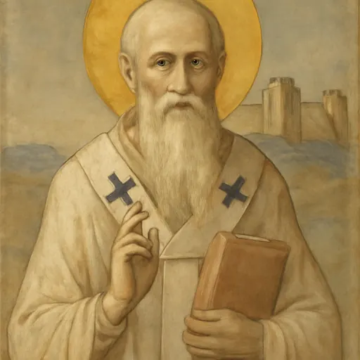 Fresco-style portrait of St. Simeon of Jerusalem, a very old bishop with a long white beard in a white omophorion with black crosses, holding a Gospel book