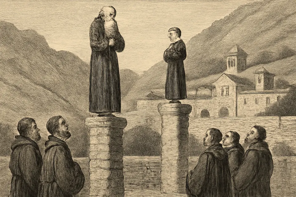 Engraving-style scene of a small boy in a monk's habit standing on a low pillar beside an older hermit on a taller pillar, inside a monastery enclosure
