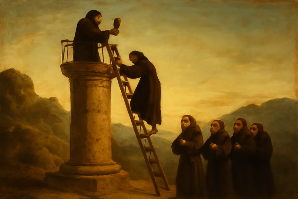 Oil-painting-style scene of monks climbing a long wooden ladder one by one to receive Communion from an old priest on top of a stone column at dawn