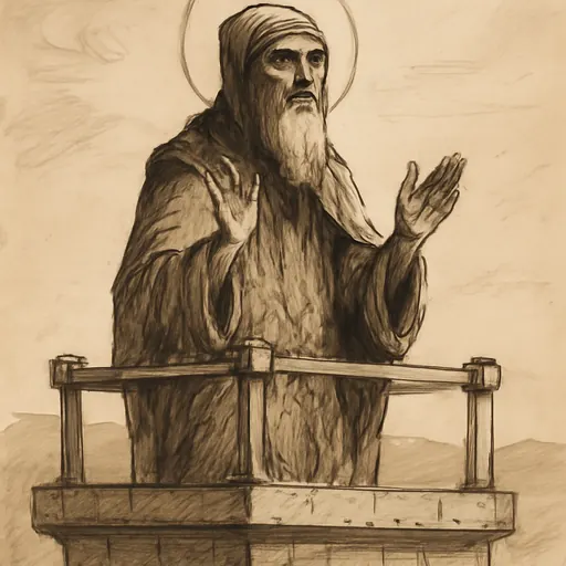 Oil-painting-style portrait of St. Simeon Stylites as a lean, bearded monk in a dark hood standing at the railing of a pillar top against the sky