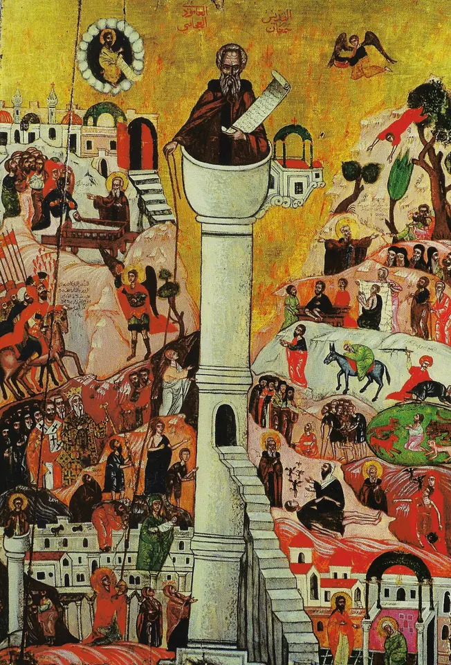 Crowded Arab Christian icon showing a monk with a scroll atop a white pillar reached by a ladder, with Christ and angels above and pilgrims, horsemen and townspeople all around