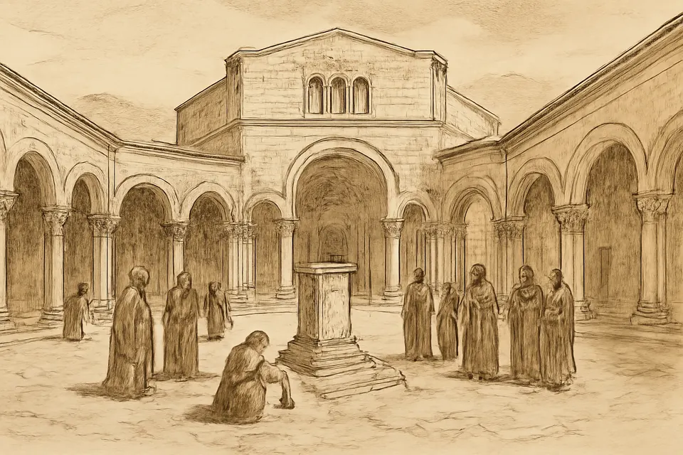 Illustration of pilgrims filling the octagonal courtyard of the great basilica around the stump of Simeon's pillar in the late 5th century