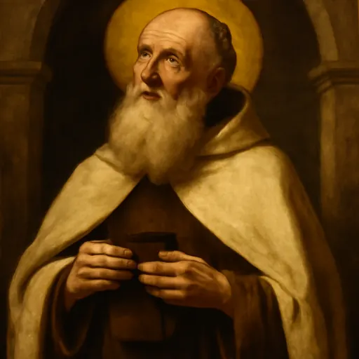 Oil-painting-style portrait of St. Simon Stock as an elderly white-bearded Carmelite friar in a brown habit and white cloak, holding a brown scapular in both hands