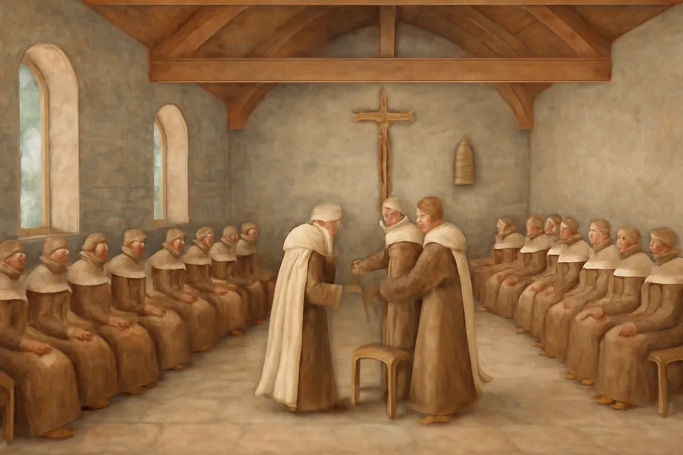 Fresco-style illustration of white-cloaked Carmelite friars gathered in a timber and stone hall at Aylesford, electing an old bearded friar as their leader