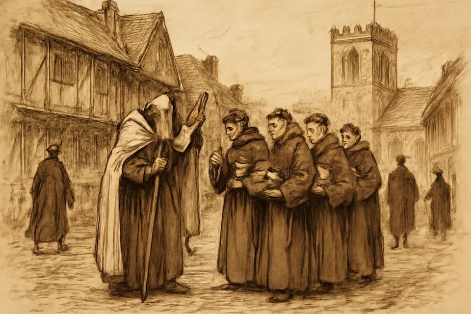 Ink-drawing-style illustration of an old Carmelite friar blessing young friars with books as they set out along a muddy medieval street toward a university town