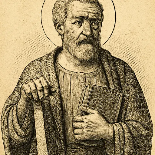 Oil-painting-style portrait of St. Simon the Apostle as a gray-bearded man in a green cloak, holding a closed book and resting his hand on a large wooden saw