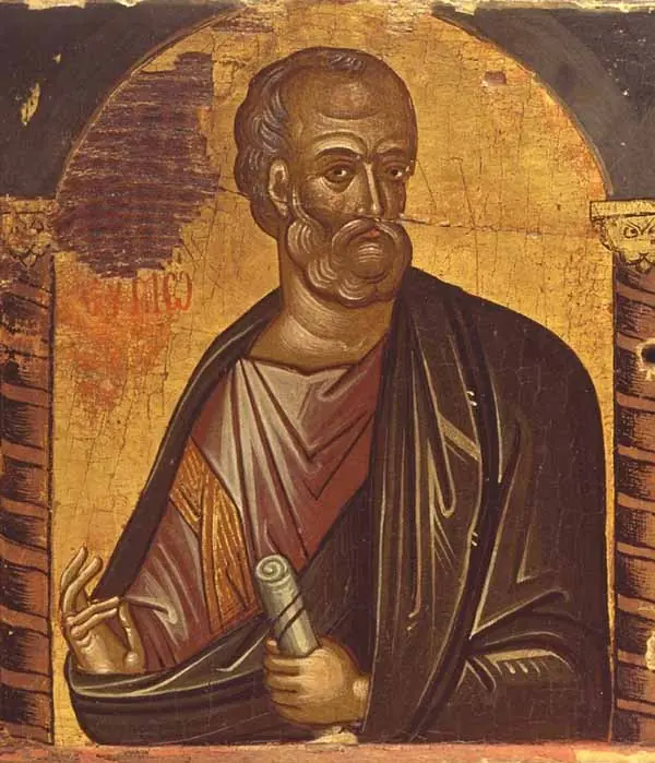 Cretan icon of an elderly apostle with a gray beard against a gold ground, holding a scroll and raising his hand in blessing