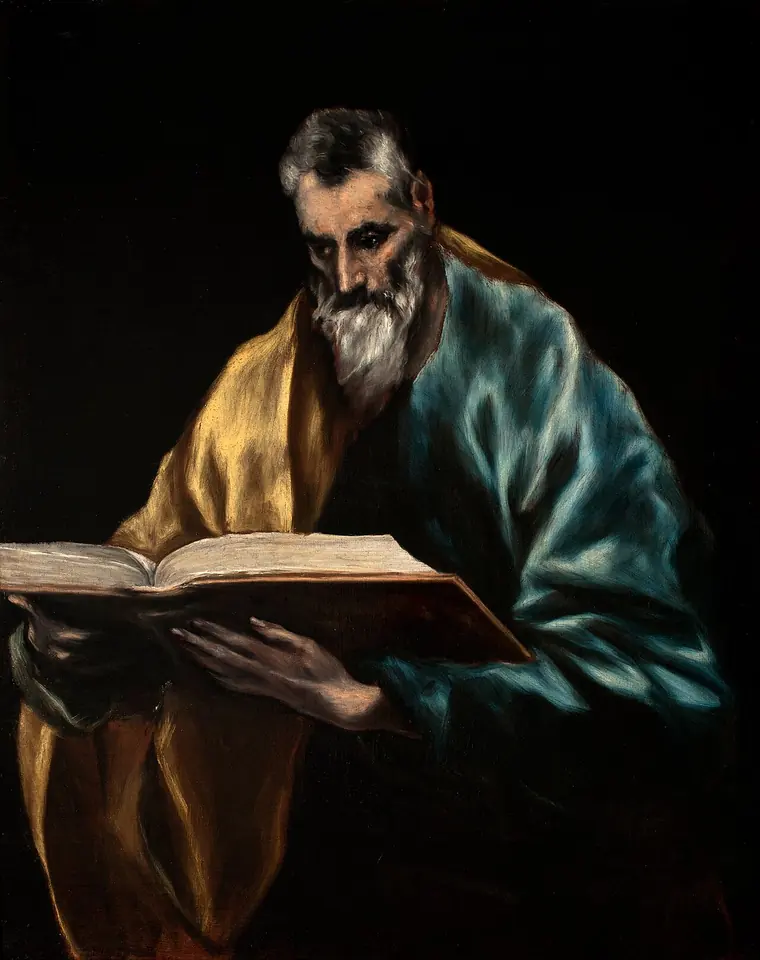 El Greco's painting of a gray-bearded apostle in a golden-yellow and blue cloak, reading a large open book against a dark background
