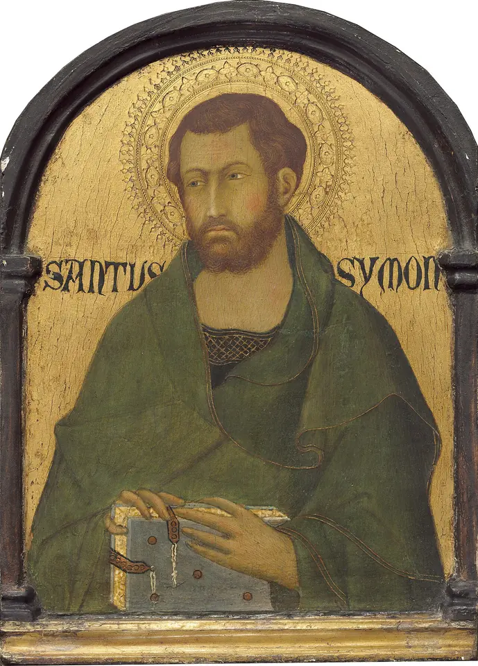 Gold-ground panel of a bearded young man in a green cloak holding a closed book, with the words Santus Symon on either side of his head