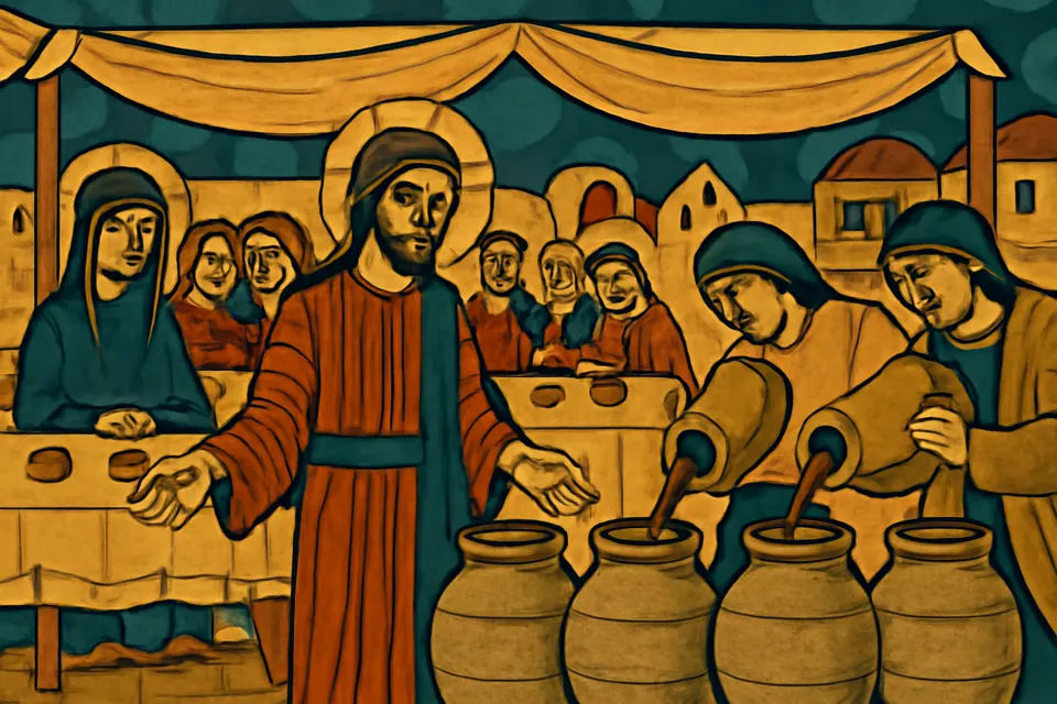 Icon-style illustration of a young bridegroom at the wedding feast at Cana watching servants pour water jars that have become wine