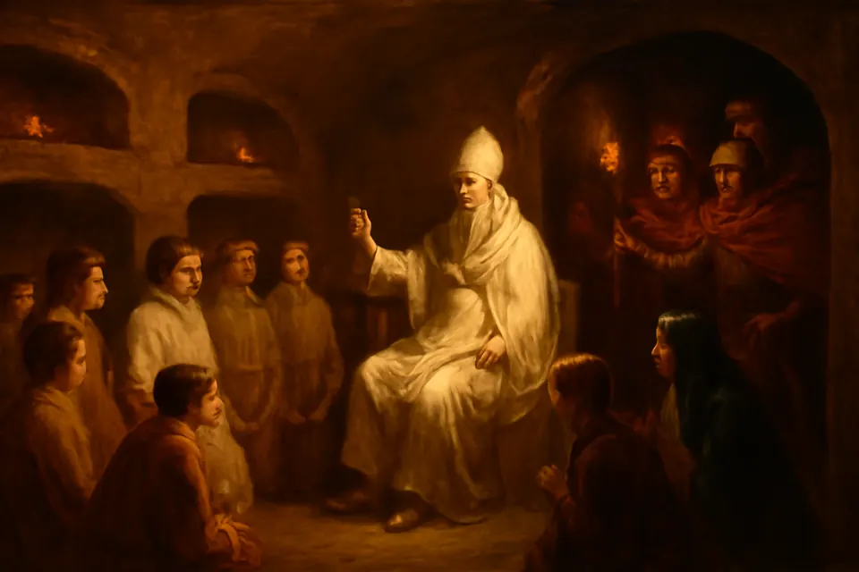 Oil-painting-style illustration of Pope Sixtus II seated in a catacomb chamber, teaching a small group of Christians, as Roman soldiers enter with torches