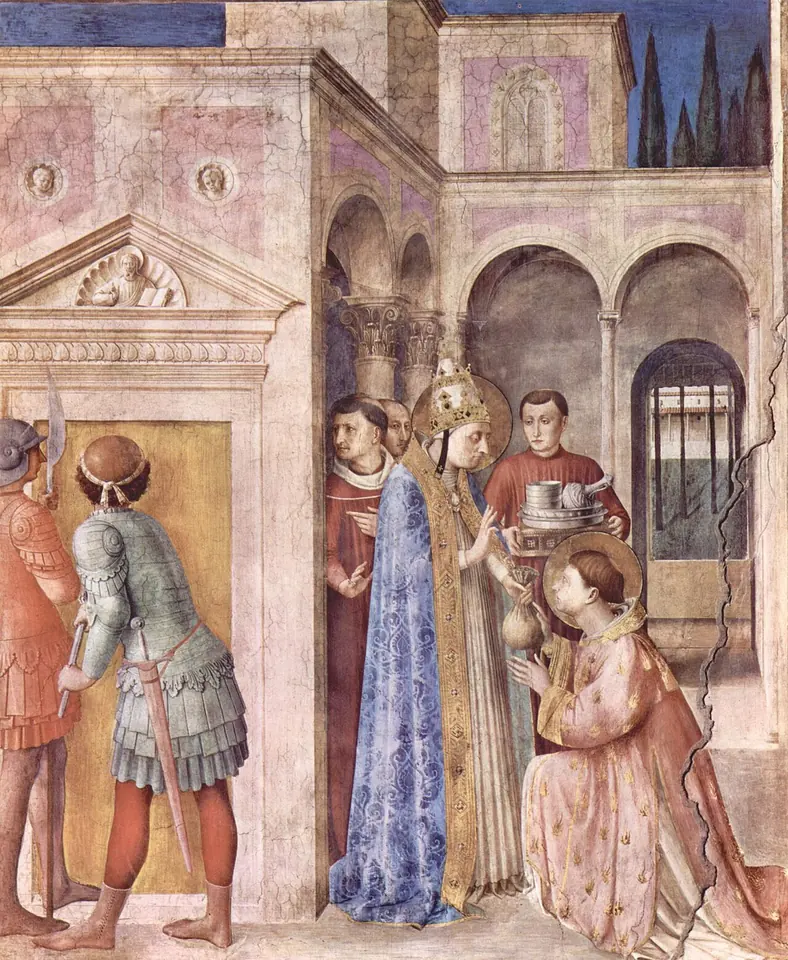 A fresco of a pope in a blue and gold cope and tiara handing a vessel of coins to a kneeling young deacon, while soldiers in armor wait at a door on the left
