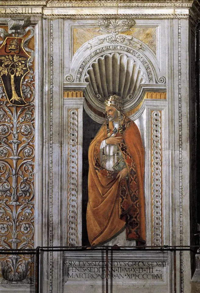 A painted niche on a wall with a standing pope in an orange cope and a tall tiara, holding a book, framed by a carved shell and painted pilasters