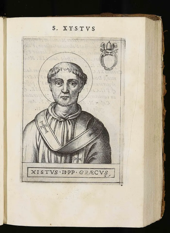 An engraved bust of a beardless pope with a halo, in a framed panel headed S. Xystus, printed on a book page
