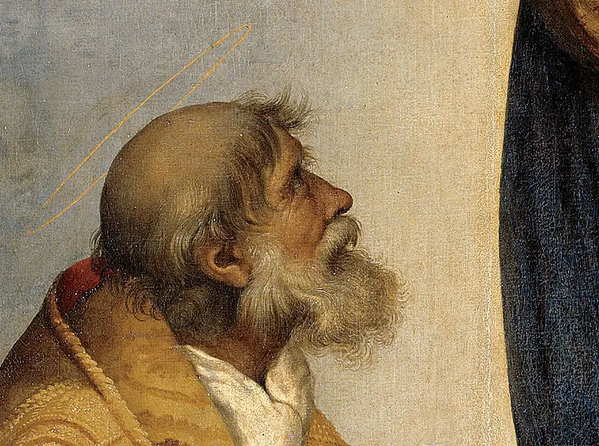 Close detail of an old bearded man with a faint halo, in a gold embroidered cope, looking upward with his face in profile