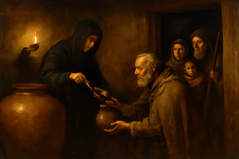 Oil-painting-style scene of a woman in a dark veil drawing wine from a large clay jar to fill a poor man's jug in a candlelit storeroom