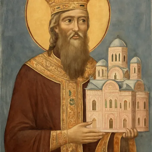Fresco-style portrait of St. Stefan Milutin as a bearded medieval Serbian king in a jeweled crown and gold-embroidered robes, holding a model of a five-domed church