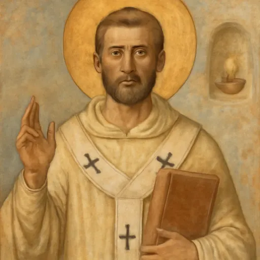Fresco-style portrait of Pope St. Stephen I as an early Christian bishop of Rome in a white pallium marked with crosses, holding a book