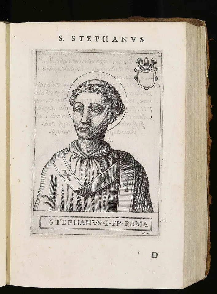 Engraved bust of a tonsured, beardless pope in a pallium with crosses, in an oval frame labeled Stephanus I PP Roma