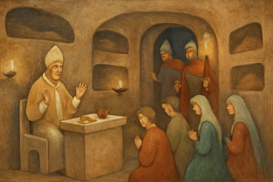 Illustration of Pope Stephen I seated in his chair before an altar in a catacomb as Roman soldiers appear at the entrance