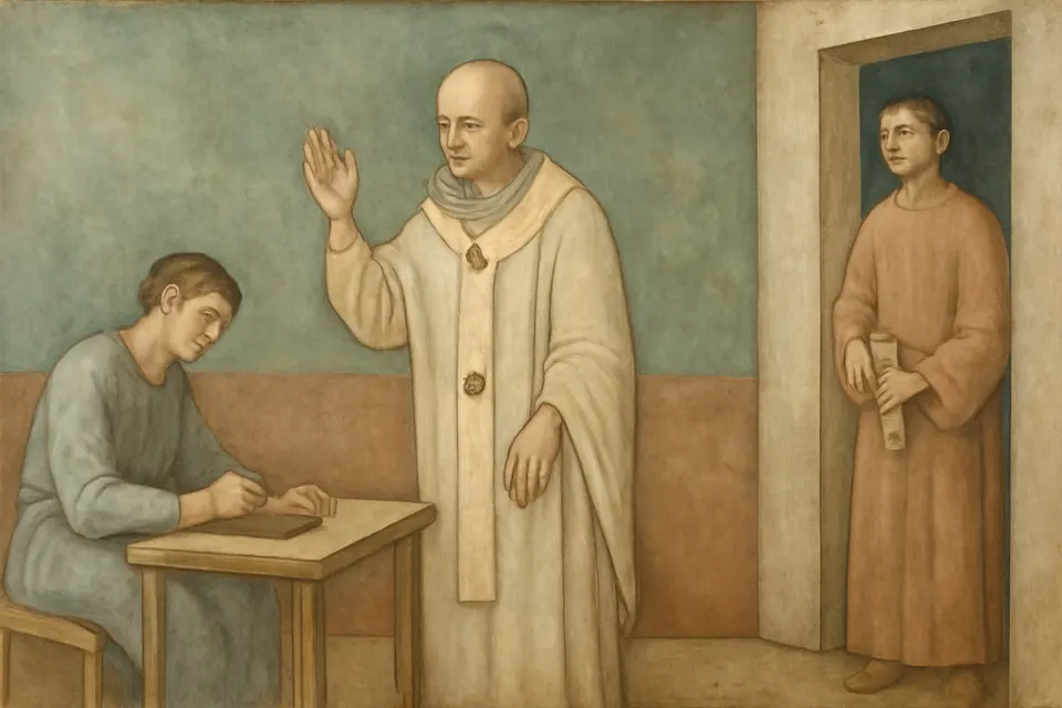 Illustration of Pope Stephen I dictating a letter to a scribe by lamplight in a plain room in Rome, a deacon waiting at the door